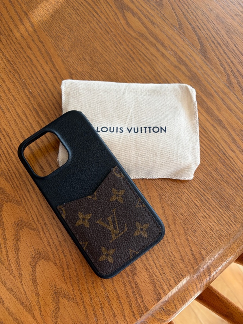 Louis Vuitton Black Leather iPhone 13 Max Pro case with Brown Monogram Pocket
